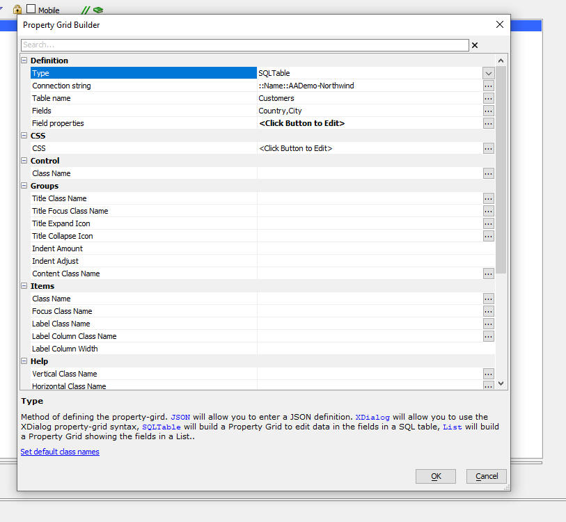 After adding the control, click the smart field for the Control
properties property to open the builder.